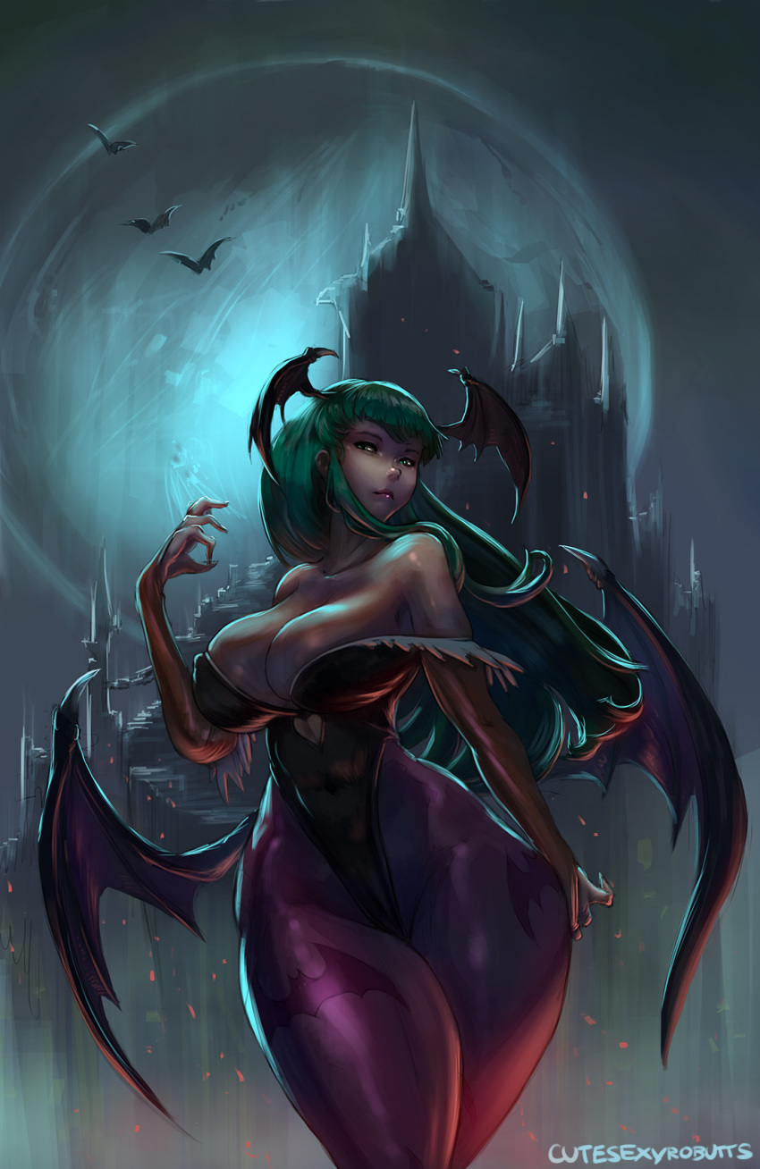 1girl animal_print artist_name bare_shoulders bat bat_print breasts castle cleavage cutesexyrobutts green_eyes green_hair head_wings highres large_breasts lips long_hair looking_at_viewer moon morrigan_aensland signature solo thick_thighs thighs vampire_(game) wide_hips