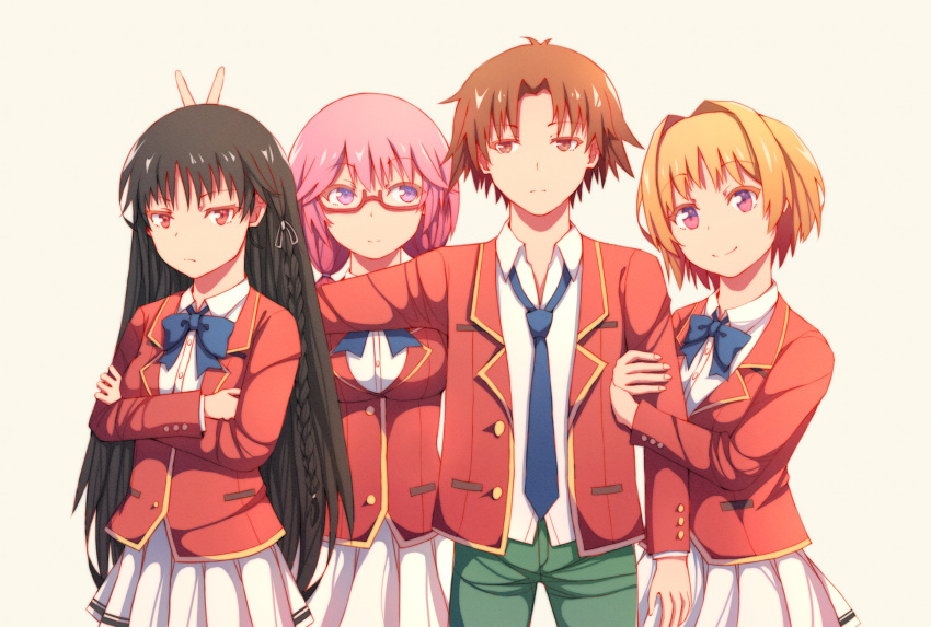 1boy 3girls ayanokouji_kiyotaka black_hair blonde_hair blue_neckwear braid brown_hair bunny_ears_prank crossed_arms green_pants highres holding_arm horikita_suzune kushida_kikyou looking_at_another looking_at_viewer multiple_girls pants red-framed_eyewear sakura_airi short_hair skirt smile violet_eyes white_skirt yang_zheng_yu youkoso_jitsuryoku_shijou_shugi_no_kyoushitsu_e