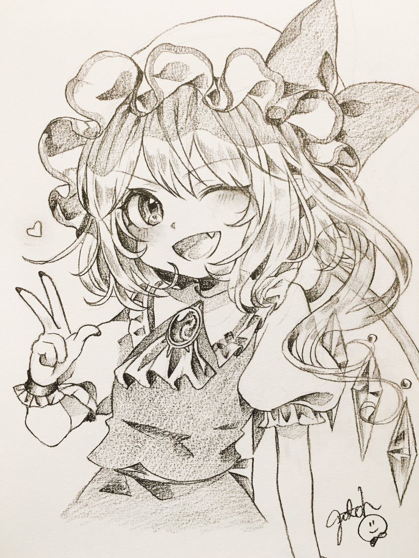 1girl artist_name ascot bow brooch fang flandre_scarlet gotoh510 greyscale hat hat_bow heart highres jewelry long_hair looking_at_viewer mob_cap monochrome nail_polish open_mouth puffy_short_sleeves puffy_sleeves short_sleeves simple_background skirt skirt_set smile solo touhou traditional_media v vest wings