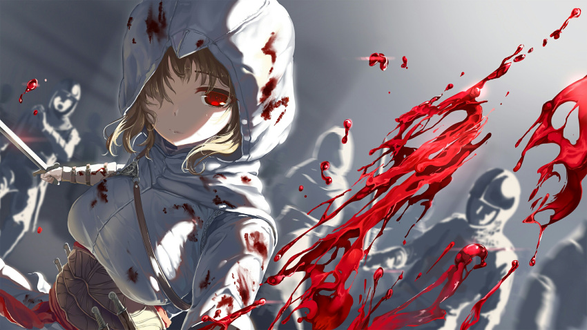 1girl assassin's_creed_(series) attacking_viewer bilibili_douga blood blood_splatter bloody_clothes brown_hair cloak closed_mouth expressionless foreshortening highres holding holding_sword holding_weapon hood hood_up hooded_jacket jacket long_hair long_sleeves looking_at_viewer mianbaoshi_mengxiang one_eye_covered people perspective pov red_eyes sash slashing soldier solo_focus sword weapon white_cloak