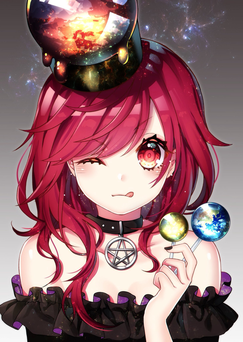 1girl bare_shoulders black_nails candy closed_mouth collar eyelashes food gradient gradient_background hair_over_shoulder hecatia_lapislazuli highres jewelry kyouda_suzuka licking_lips lollipop long_hair looking_at_viewer nail_polish one_eye_closed pendant pentagram polos_crown red_eyes redhead smile solo tongue tongue_out touhou upper_body