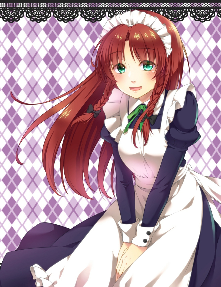 1girl :d alternate_costume apron argyle argyle_background bangs black_bow black_dress blush bow braid breasts commentary_request cowboy_shot dress enmaided eyebrows_visible_through_hair green_eyes green_neckwear green_ribbon hair_bow highres hong_meiling juliet_sleeves long_hair long_sleeves looking_at_viewer maid maid_headdress medium_breasts neck_ribbon nora_wanko open_mouth own_hands_together parted_bangs puffy_sleeves redhead ribbon sleeve_cuffs smile solo touhou twin_braids v_arms white_apron wing_collar