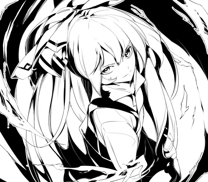 1girl big_hair closed_mouth fire flame from_above fujiwara_no_mokou high_ponytail ikurauni lineart long_hair looking_at_viewer looking_up monochrome ponytail solo touhou very_long_hair white_hair