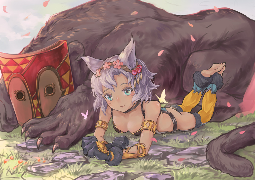1girl animal_ears aqua_eyes arm_support armlet ass bangs bare_shoulders barefoot black_scrunchie blush breasts brown_belt butterfly cat_ears cat_paws character_request cherry_blossoms claws cleavage closed_mouth collarbone colored_eyelashes commentary commentary_request day detached_pants erun_(granblue_fantasy) eyelashes fantasy feathers feet_up flower_wreath fur-trimmed_pants fur_trim gloves gold_trim granblue_fantasy grass grey_hair grey_sky hair_feathers head_wreath highres lips looking_at_viewer lying medium_breasts melleau monster muted_color on_grass on_ground on_stomach outdoors parted_bangs paw_gloves paws pelvic_curtain petals pink_flower raised_eyebrows scrunchie short_hair smile soles tan the_pose wavy_hair wrist_scrunchie yougen_kitsune