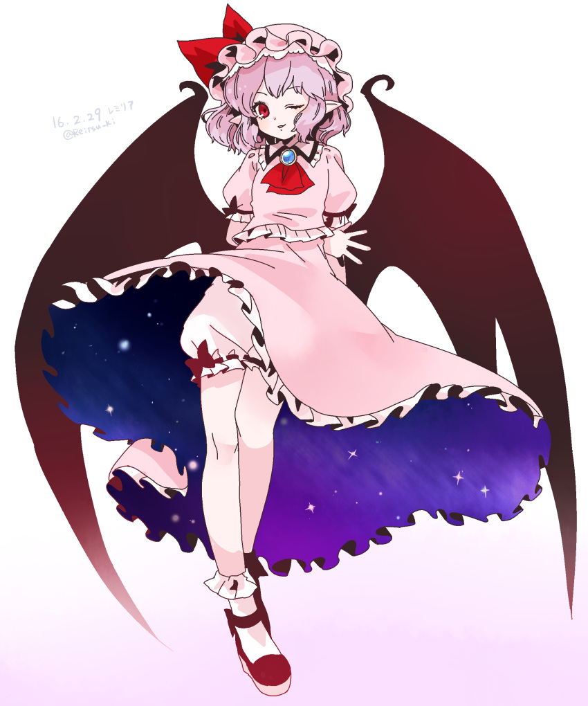 1girl absurdres ascot bare_legs bat_wings bloomers brooch dated full_body gotoh510 hat hat_ribbon highres jewelry lavender_hair looking_at_viewer mob_cap one_eye_closed pink_skirt pointy_ears puffy_short_sleeves puffy_sleeves red_eyes red_ribbon remilia_scarlet ribbon shirt shoes short_sleeves simple_background skirt skirt_set smile socks solo standing touhou twitter_username underwear white_background white_legwear wings