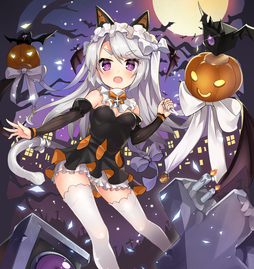 +_+ 1girl 2drr :d animal_ears bangs bare_shoulders bat black_dress bloomers blush bow bowtie breasts cat_ears cat_tail cleavage collar commentary_request contrapposto cross detached_sleeves dress eyebrows_visible_through_hair fang frilled_collar frills full_moon girls_frontline grey_bow grey_ribbon hair_bow halloween highres jack-o'-lantern long_hair long_sleeves looking_at_viewer moon night night_sky open_mouth orange_neckwear outdoors p7_(girls_frontline) puffy_sleeves ribbon silver_hair sky small_breasts smile solo standing star_(sky) starry_sky tail tail_ribbon thick_eyebrows thigh-highs underwear very_long_hair violet_eyes white_bloomers white_collar white_legwear