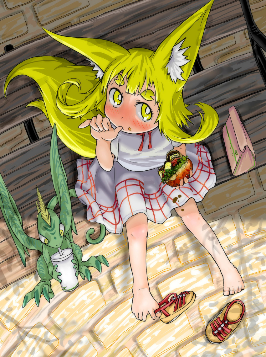 1girl animal_ears bag bangs barefoot bench between_toes blonde_hair blush bright_pupils commentary_request creature day doitsuken dress drinking_cup drinking_straw eating feet food food_in_mouth fox_child_(doitsuken) fox_tail from_above hamburger hand_up highres looking_at_viewer multiple_tails neck_ribbon no_socks original outdoors red_neckwear red_ribbon ribbon sandals sandals_removed shoes_removed short_eyebrows short_hair short_sleeves sipping sitting tail thick_eyebrows thumb_sucking toes two_tails white_dress yellow_eyes