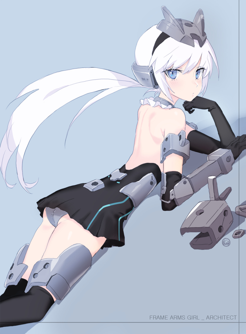 1girl architect bangs bare_back bare_shoulders black_gloves black_legwear black_skirt blue_eyes blush character_name commentary copyright_name detached_collar elbow_gloves eyebrows_visible_through_hair frame_arms_girl gloves hair_between_eyes hairband headgear highres long_hair looking_at_viewer lying mecha_musume miniskirt on_stomach panties rushi_(bloodc) simple_background skirt solo thigh-highs underwear white_hair