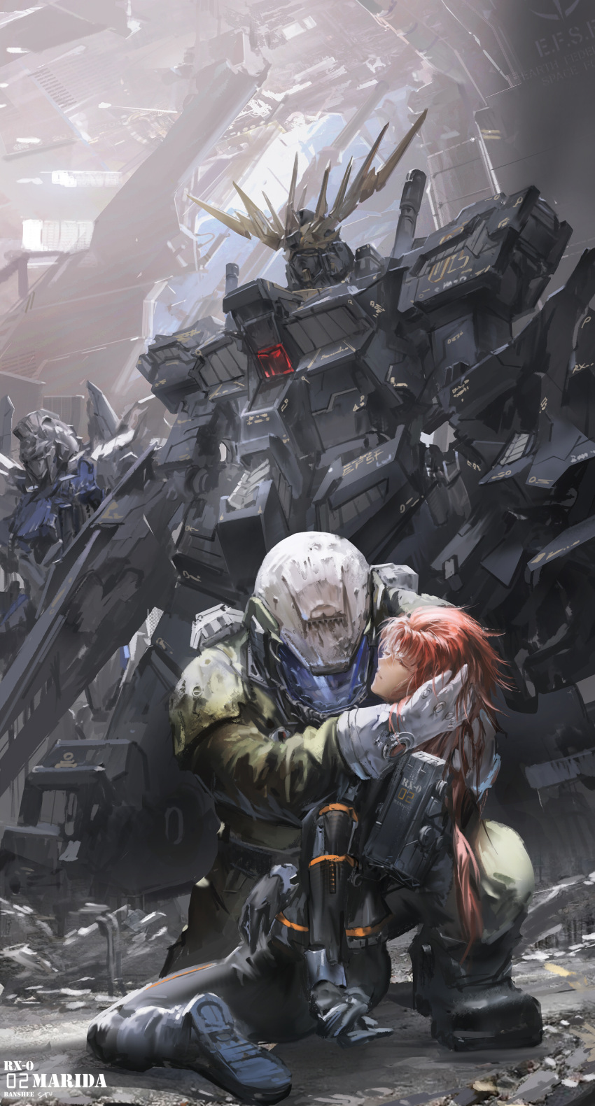 1boy 1girl absurdres gundam gundam_unicorn helmet highres marida_cruz mecha military redhead science_fiction stu_dts suberoa_zinnerman unicorn_gundam_banshee