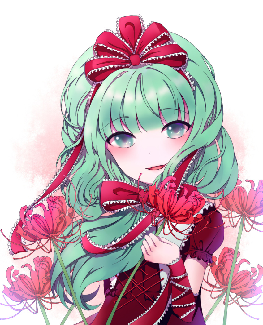 1girl bow commentary_request corset dress frilled_sleeves frills green_eyes green_hair hair_bow hair_ribbon highres ichita_(yixisama-shihaohaizhi) kagiyama_hina long_hair looking_at_viewer parted_lips puffy_short_sleeves puffy_sleeves red_bow red_dress red_flower ribbon short_sleeves smile solo touhou