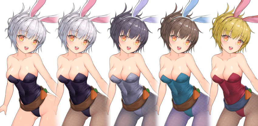 1girl animal_ears bare_shoulders battle_bunny_riven black_hair blonde_hair blush breasts brown_eyes brown_hair bunnysuit cleavage collarbone dated eyebrows_visible_through_hair fishnet_pantyhose fishnets large_breasts league_of_legends lee_seok_ho open_mouth pantyhose rabbit_ears riven_(league_of_legends) short_hair signature silver_hair smile