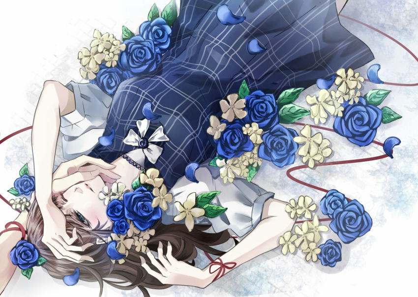 1girl blue_dress blue_flower blue_flowers brown_hair cardia_beckford code:realize dress flower hand_on_another's_face highres long_hair lying nashisakura_(rio) on_back one_eye_closed petals red_ribbon ribbon short_sleeves solo_focus