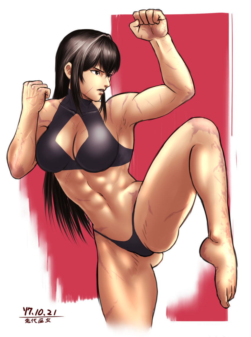 1girl abs barefoot black_hair black_swimsuit breasts cleavage cleavage_cutout clenched_hands collarbone fighting_stance highres large_breasts m.u.g.e.n midriff muscle muscular_female navel original scar sendai_hakurei_no_miko solo standing standing_on_one_leg swimsuit taikyokuturugi tankini toes touhou