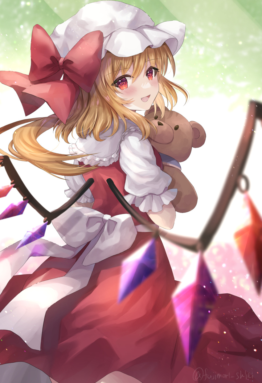 1girl blonde_hair blush collared_shirt crystal flandre_scarlet frilled_shirt_collar frilled_skirt frills fujimori_shiki hat hat_ribbon highres holding holding_stuffed_toy long_hair looking_at_viewer looking_back mob_cap open_mouth red_eyes red_skirt red_vest ribbon shirt side_ponytail skirt skirt_set smile stuffed_animal stuffed_toy touhou vest white_headwear wings