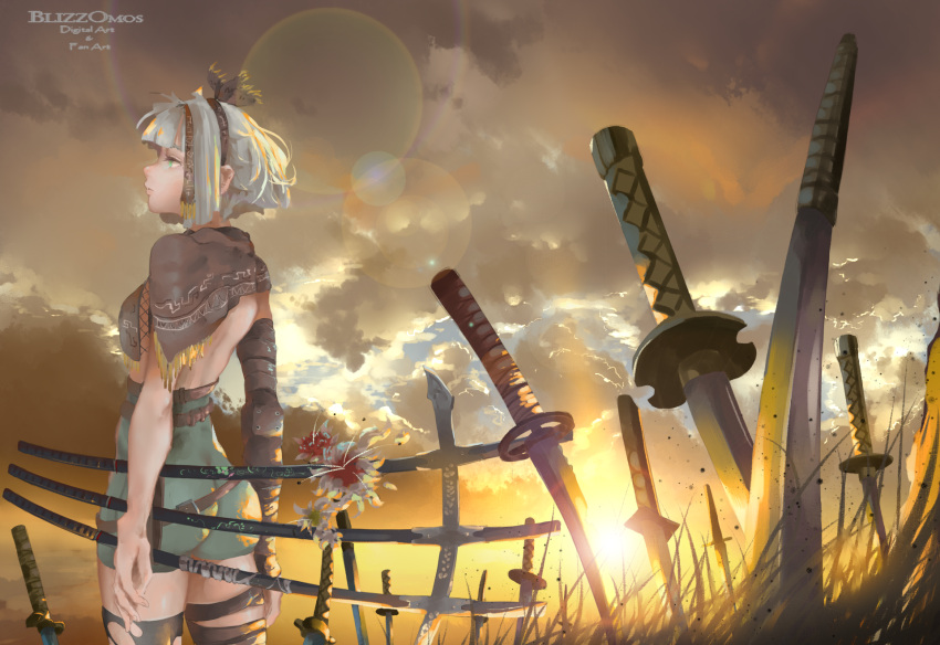 1girl alternate_costume arm_guards arms_at_sides artist_name ass back backlighting bangs belt black_hairband black_legwear blizzomos blunt_bangs capelet closed_mouth clouds cloudy_sky cowboy_shot day expressionless flower fringe grass green_eyes green_shorts hairband highres katana konpaku_youmu lens_flare looking_afar outdoors planted_sword planted_weapon sheath sheathed short_hair shorts silver_hair sky solo standing sunlight sword tan thigh-highs torn_clothes torn_thighhighs touhou weapon