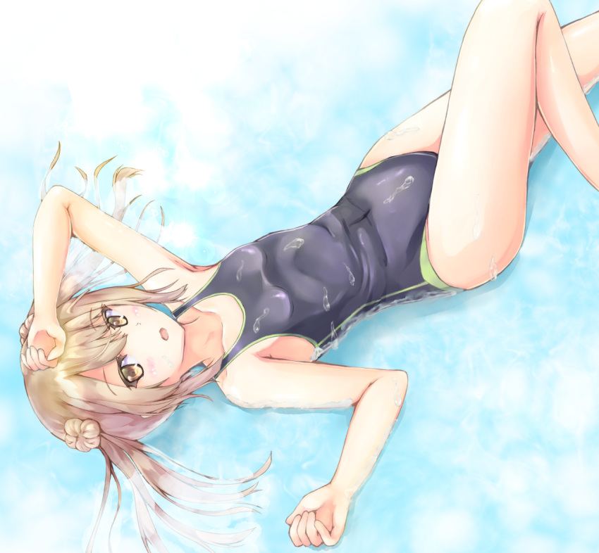 1girl blonde_hair breasts collarbone competition_swimsuit hair_bun kantai_collection looking_at_viewer lying michishio_(kantai_collection) one-piece_swimsuit short_twintails small_breasts solo swimsuit twintails wasd_(mild1020) water yellow_eyes