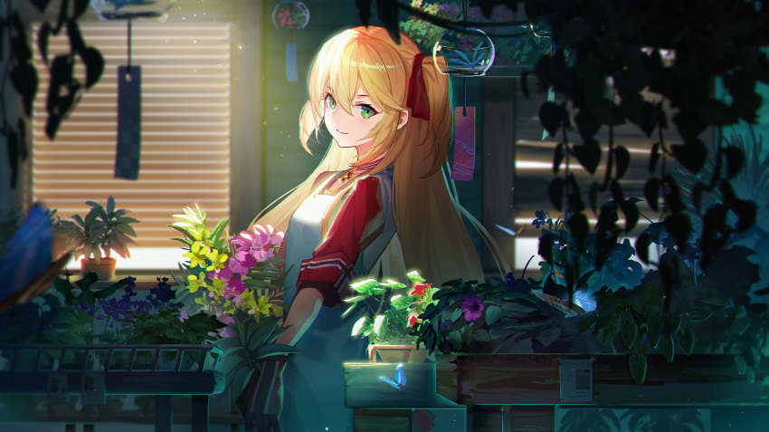 1girl absurdres admiral_hipper_(azur_lane) apron azur_lane bangs blinds blonde_hair blurry blush closed_mouth day depth_of_field doitsu_no_kagaku green_eyes hair_between_eyes hair_ribbon highres looking_at_viewer one_side_up plant potted_plant red_ribbon ribbon sidelocks smile solo sunlight vines wind_chime