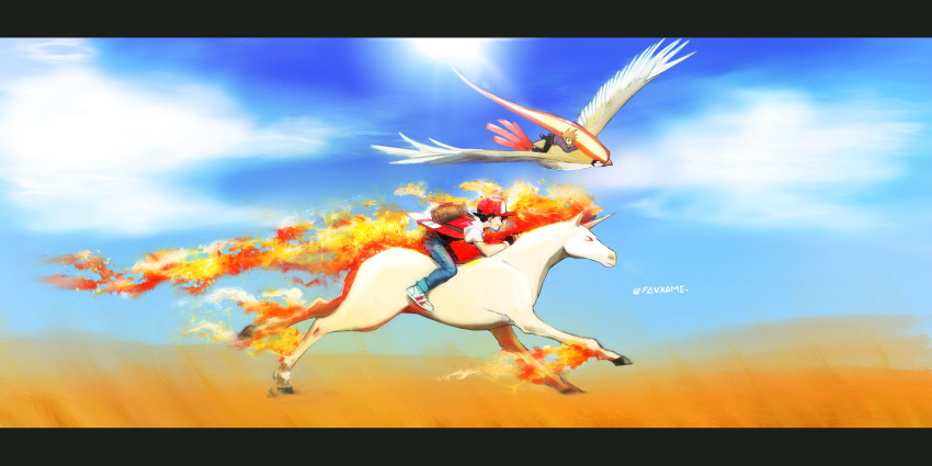 2boys absurdres backpack bag bird black_hair blue_sky brown_hair feathers fire flying hat highres horn horse jacket multiple_boys ookido_green pidgeot pokemon pokemon_(creature) pokemon_(game) pokemon_rgby rapidash raw_gummy red_(pokemon) riding sky smile spiky_hair