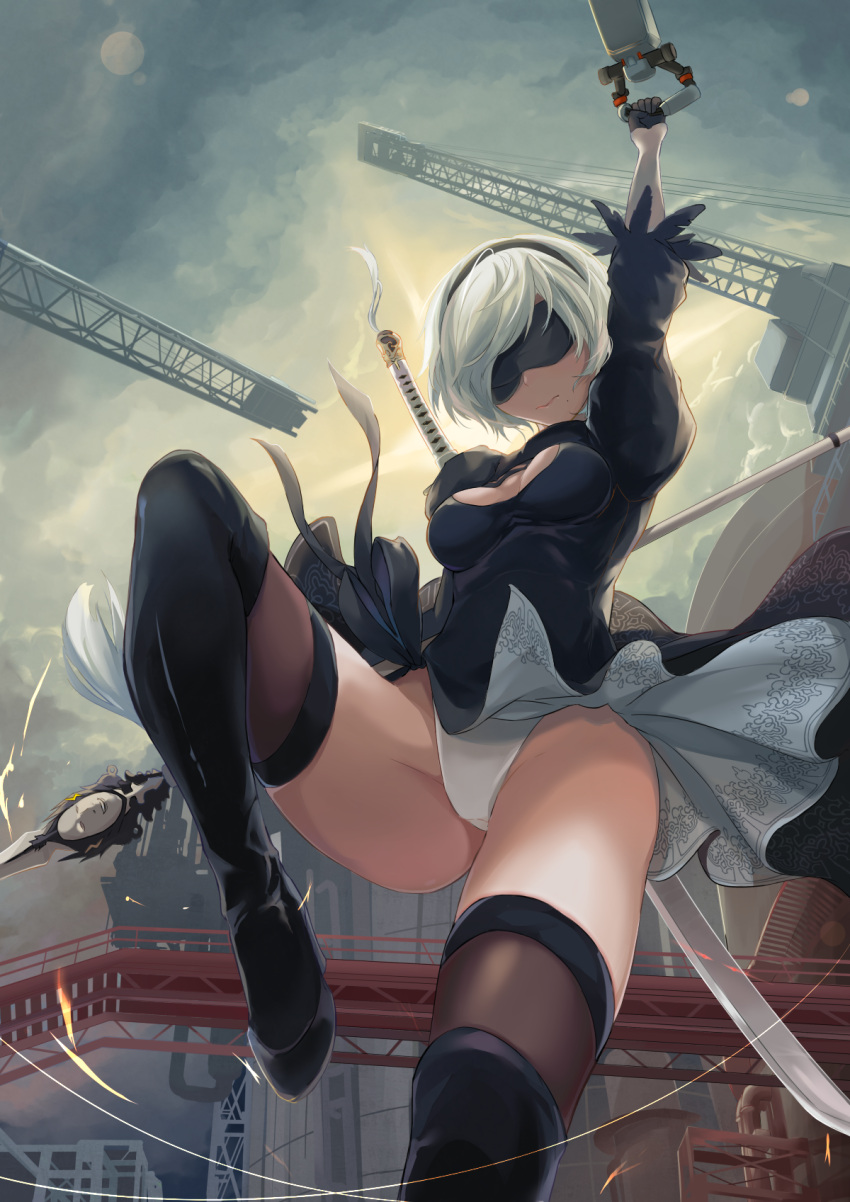 1girl black_dress black_gloves blindfold breasts dress feather_trim feathers gloves groin hairband highres juliet_sleeves jumping leotard long_sleeves looking_at_viewer medium_breasts mole mole_under_mouth nier_(series) nier_automata outdoors parted_lips powhway puffy_sleeves short_dress short_hair solo sword thigh-highs thong thong_leotard weapon white_hair yorha_no._2_type_b