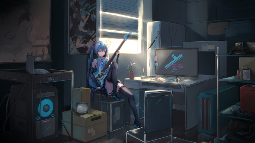 2017 arms_up black_bow black_footwear black_neckwear black_skirt blue_eyes blue_hair boots bow bowtie cake computer day detached_sleeves elbow_gloves floating_hair food gloves green_hair grey_shirt grin guitar hair_between_eyes hair_ornament hatsune_miku headphones highres holding holding_instrument indoors instrument laptop long_hair looking_at_viewer megaphone miniskirt open_mouth pleated_skirt shirt sitting skirt sleeveless sleeveless_shirt smile thigh-highs thigh_boots thigh_strap twintails very_long_hair vocaloid waving white_gloves white_shirt window zettai_ryouiki