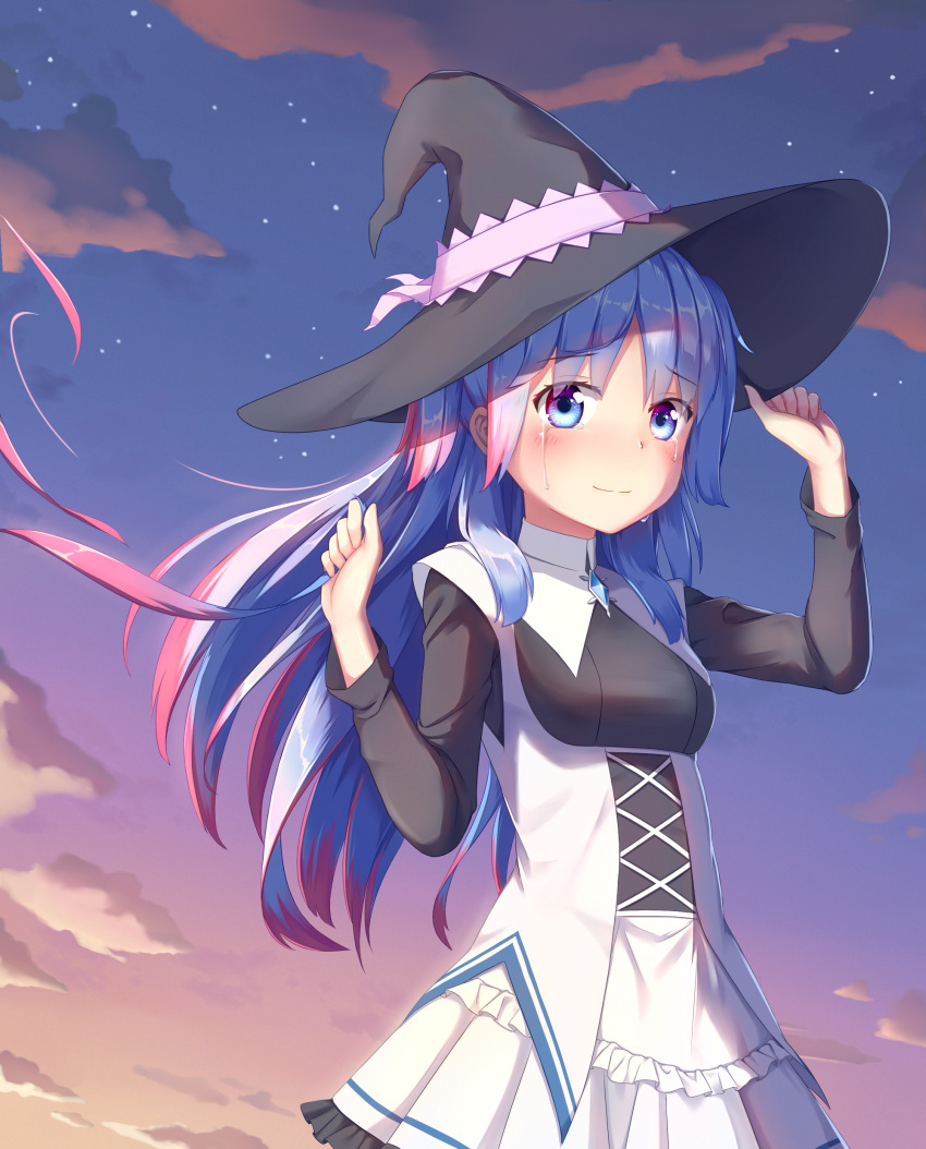1girl absurdres black_hat black_shirt blue_eyes blue_hair blush chtholly_nota_seniorious clouds crying crying_with_eyes_open evening hat highres looking_at_viewer miniskirt multicolored_hair outdoors pleated_skirt redhead shirt shuumatsu_nani_shitemasu_ka? skirt solo standing star tears two-tone_hair white_skirt witch_hat