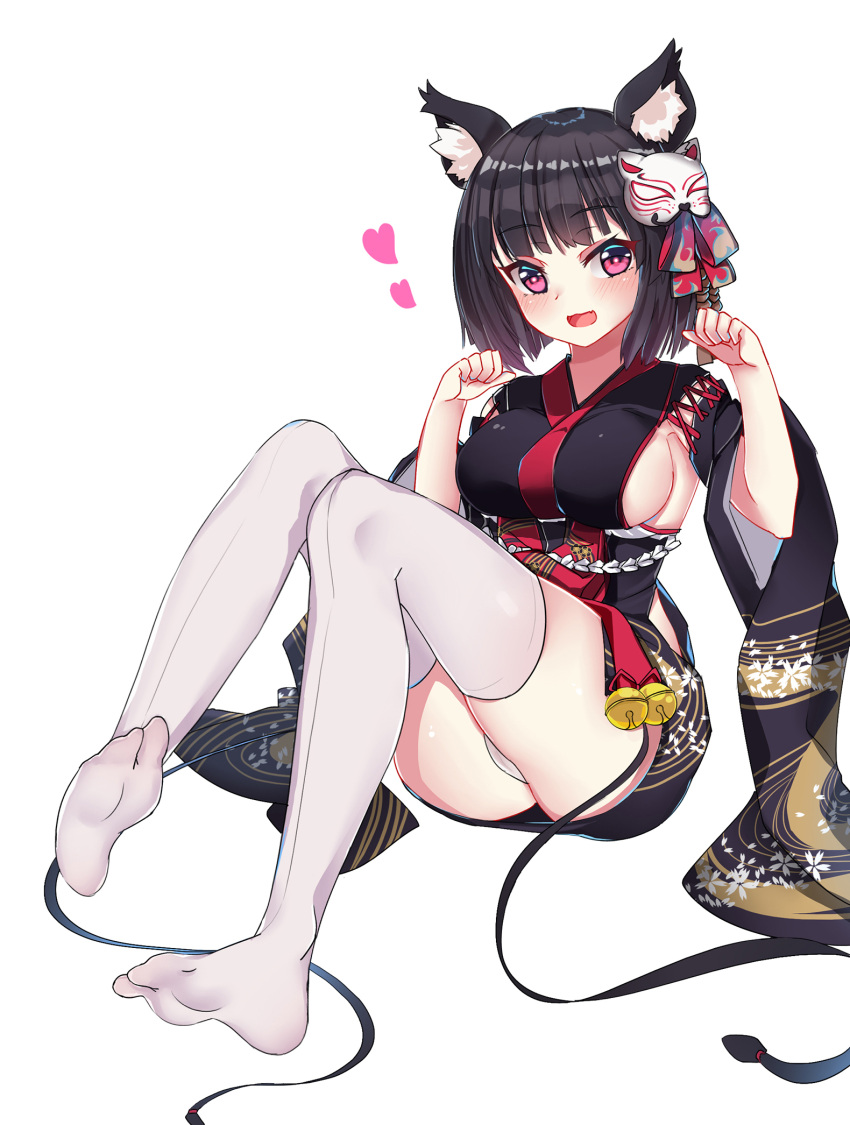 1girl animal_ears azur_lane black_hair blush breasts cang_se_ye_hua fang feet fox_ears heart highres japanese_clothes looking_to_the_side mask mask_on_head medium_breasts open_mouth panties pink_eyes short_hair sideboob simple_background smile solo thigh-highs underwear white_background white_legwear white_panties wide_sleeves yamashiro_(azur_lane)