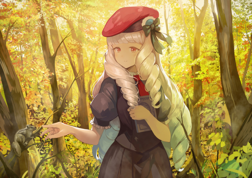 1girl aikatsu! aikatsu_stars! animal backlighting bangs beret black_bow black_dress blue_hair blunt_bangs blush book bow closed_mouth cowboy_shot day dress drill_hair eyebrows_visible_through_hair forest frilled_sleeves frills gradient_hair hair_bow hat holding holding_book koruse long_hair looking_to_the_side multicolored_hair nature necktie outdoors puffy_short_sleeves puffy_sleeves reaching_out red_hat red_neckwear ringlets shirogane_lilly short_sleeves silver_hair smile solo squirrel standing standing_on_one_leg tareme tree very_long_hair