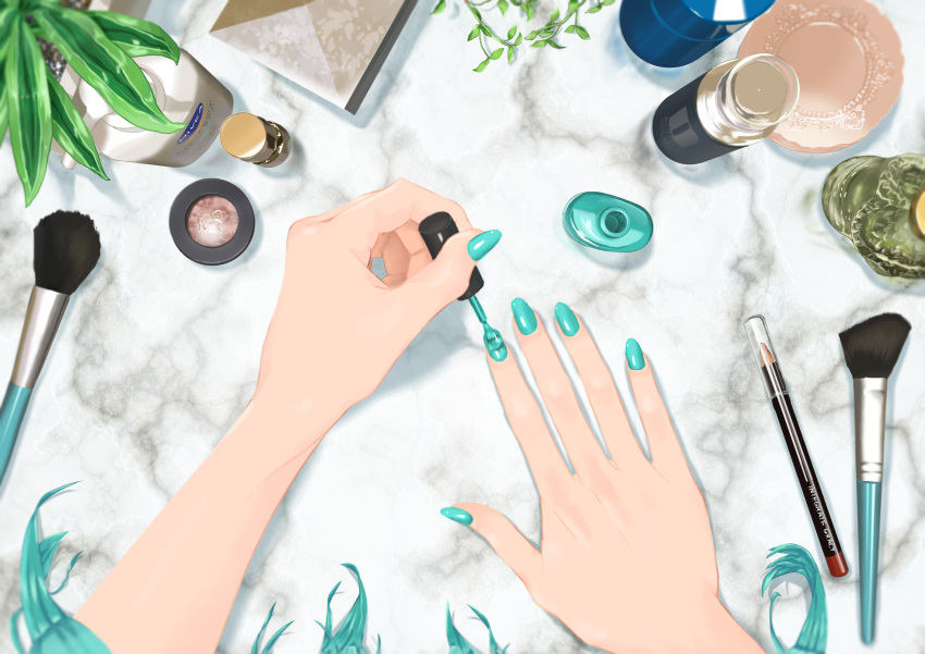 absurdres aqua_hair aqua_nails brush hands hatsune_miku highres kinosuke_(pattaba) lipstick makeup makeup_brush nail nail_polish pencil vocaloid