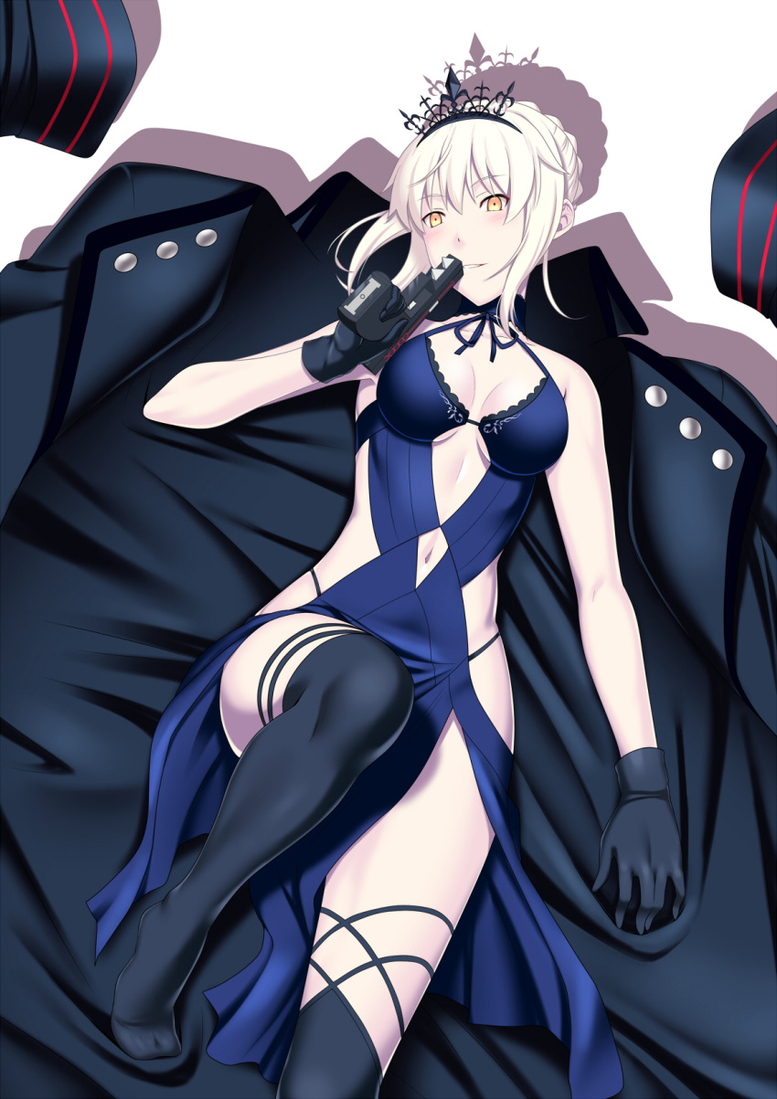 1girl artoria_pendragon_(swimsuit_rider_alter)_(fate) black_cape black_gloves black_hairband black_legwear blue_dress blush breasts cape choker cleavage collarbone cutout diadem dress eyebrows_visible_through_hair fate/grand_order fate_(series) gloves gun hair_between_eyes hairband highres holding holding_gun holding_weapon lying medium_breasts navel_cutout on_back parted_lips simple_background sleeveless sleeveless_dress smile solo tawagoto_dukai_no_deshi thigh-highs weapon white_background yellow_eyes