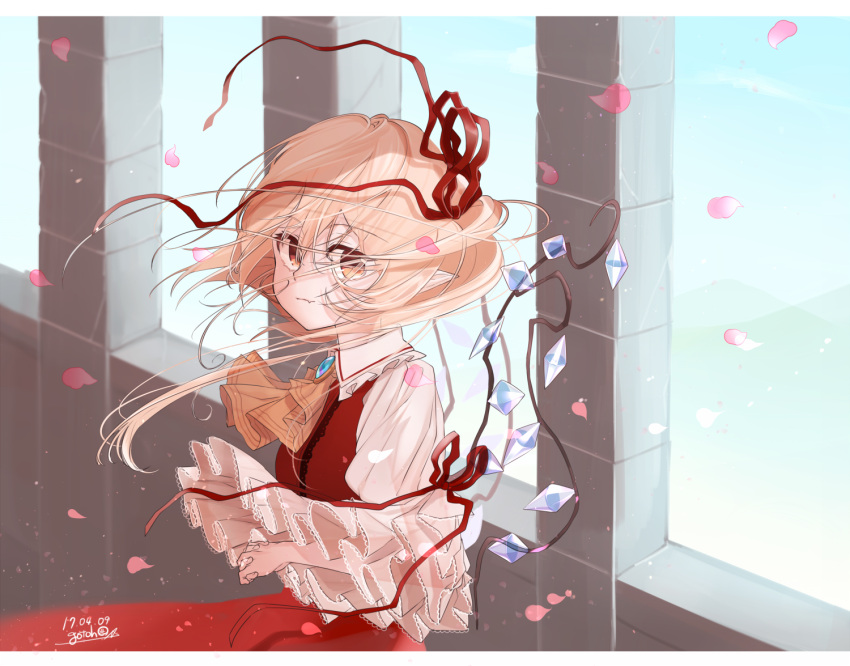 1girl artist_name ascot blonde_hair cherry_blossoms commentary_request dated flandre_scarlet frilled_sleeves frills gotoh510 hair_ribbon long_hair long_sleeves looking_at_viewer one_side_up red_eyes red_ribbon red_skirt ribbon signature skirt skirt_set solo touhou vest wide_sleeves wind wings