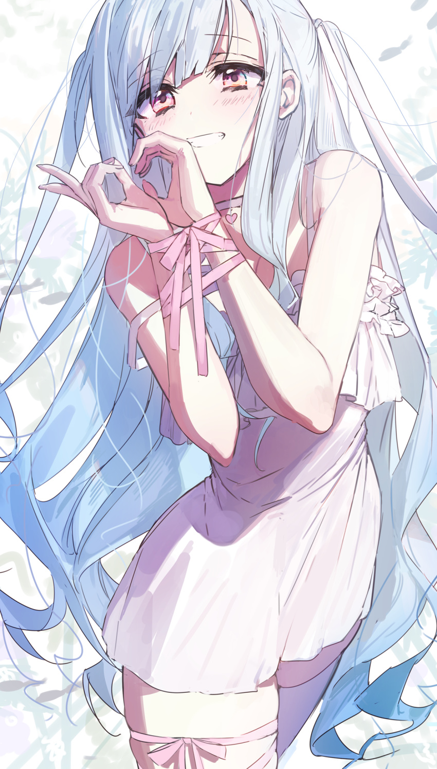 1girl bare_shoulders blurry blurry_background blush bound bound_wrists bow dress eyebrows_visible_through_hair frilled_dress frills from_above highres long_hair original pink_eyes plant ribbon smile solo spaghetti_strap sundress thigh-highs twintails very_long_hair wattaro wavy_hair white_dress white_legwear