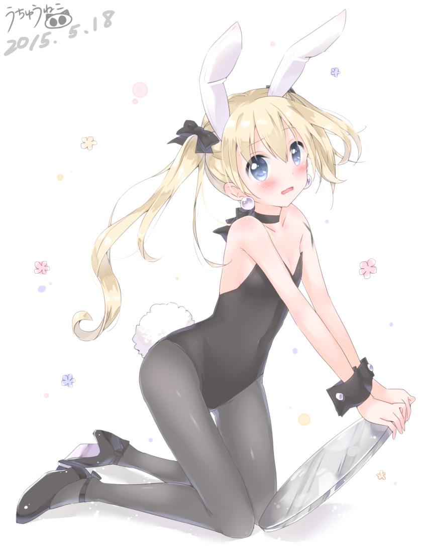 1girl animal_ears bangs bare_arms bare_shoulders black_bow black_footwear black_legwear black_leotard blonde_hair blue_eyes blush bow breasts bunny_girl bunny_tail bunnysuit collarbone commentary_request dated earrings eyebrows_visible_through_hair full_body hair_between_eyes hair_bow high_heels highres holding holding_tray jewelry leotard looking_at_viewer original pantyhose parted_lips rabbit_ears signature simple_background small_breasts solo strapless strapless_leotard tail tia-chan tray twintails uchuuneko uneven_twintails wavy_mouth white_background wrist_cuffs