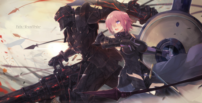 1boy 1girl armor armored_dress bangs berserker_(fate/zero) black_legwear black_leotard breasts copyright_name elbow_gloves fate/grand_order fate/zero fate_(series) flag full_armor gloves hair_over_one_eye highres holding holding_shield knight large_breasts leotard mono_(jdaj) open_mouth outdoors purple_gloves purple_hair shield shielder_(fate/grand_order) short_hair sidelocks sword teeth thigh-highs vambraces violet_eyes weapon