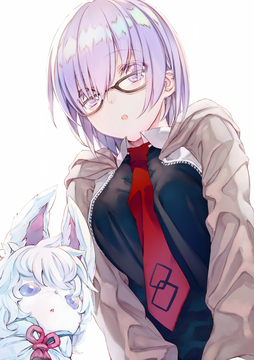 1girl fate/grand_order fate_(series) fou_(fate/grand_order) glasses hair_over_one_eye highres lavender_hair looking_at_viewer necktie red_neckwear saijou_haruki shielder_(fate/grand_order) short_hair simple_background violet_eyes white_background