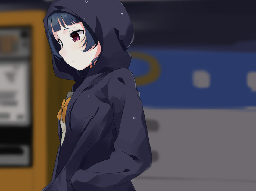 1girl black_hair blurry blurry_background hands_in_pockets highres hood hood_up hoodie long_hair love_live! love_live!_school_idol_project love_live!_sunshine!! pink_eyes sad solo totoki86 tsushima_yoshiko violet_eyes wet wet_clothes