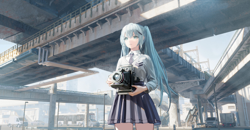 1girl absurdres aqua_eyes aqua_hair ata-zhubo blue_necktie blue_skirt bridge bus camera car closed_mouth collared_shirt day expressionless ground_vehicle hatsune_miku highres holding holding_camera long_hair motor_vehicle necktie outdoors pleated_skirt shirt skirt solo standing sweater twintails very_long_hair vocaloid white_shirt