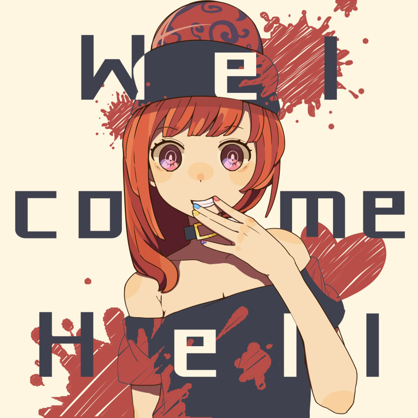 1girl absurdres ai_ken bangs bare_shoulders beige_background black_shirt blue_nails blunt_bangs collar grin hecatia_lapislazuli highres long_hair looking_at_viewer nail_polish off-shoulder_shirt polos_crown purple_nails red_eyes red_nails redhead shirt simple_background smile solo teeth touhou upper_body yellow_nails