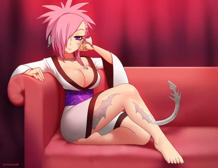 1girl artist_name asymmetrical_hair au_ra bare_legs barefoot braid breasts cleavage commentary couch final_fantasy final_fantasy_xiv hair_over_one_eye japanese_clothes jewelry kimono kuroonehalf large_breasts light_smile long_hair looking_at_viewer obi pink_hair ponytail ring sash side_braid single_braid sitting solo spiky_hair tail violet_eyes wide_sleeves