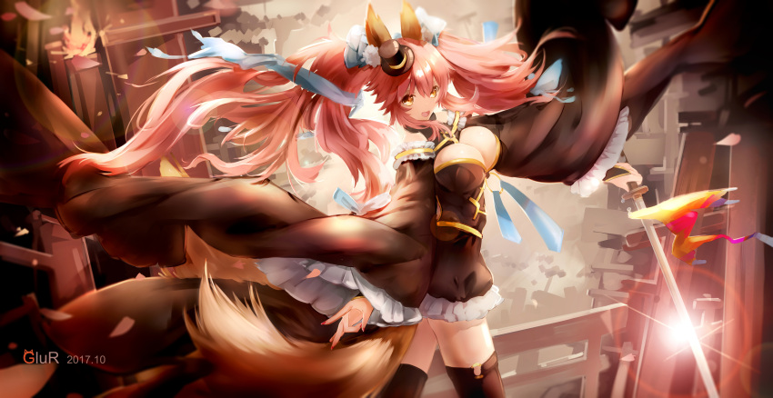 1girl absurdres animal_ears black_legwear breasts cleavage dated fate/extra fate/extra_ccc fate/grand_order fate_(series) fox_ears fox_shadow_puppet fox_tail hair_ribbon hat highres katana large_breasts mini_hat mini_top_hat mochigome_(fatelly) nail_polish open_mouth pink_hair ribbon solo sword tail tamamo_(fate)_(all) tamamo_no_mae_(fate) thigh-highs top_hat weapon yellow_eyes
