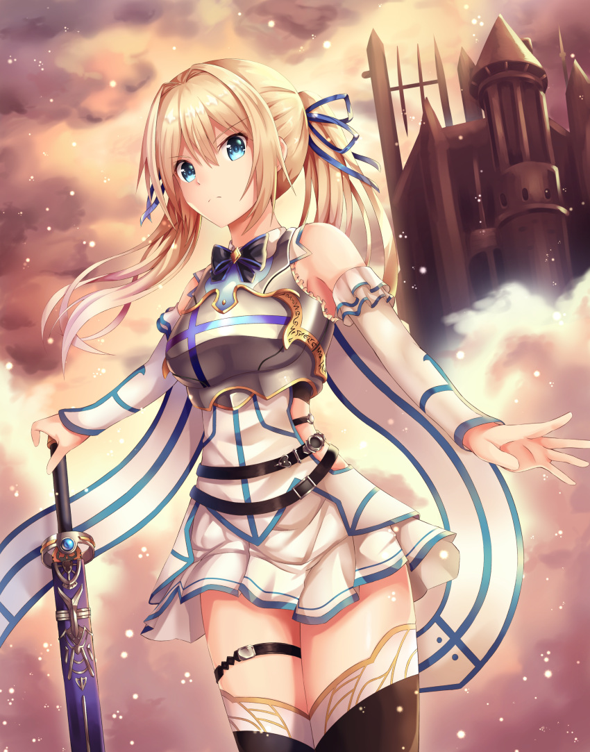 1girl absurdres amagi_korona blonde_hair blue_eyes blue_ribbon breastplate detached_sleeves eyebrows_visible_through_hair floating_hair hair_between_eyes hair_ribbon highres holding holding_sword holding_weapon long_hair miniskirt original outdoors pleated_skirt ribbon skirt solo standing sword thigh-highs thigh_strap twintails weapon white_skirt