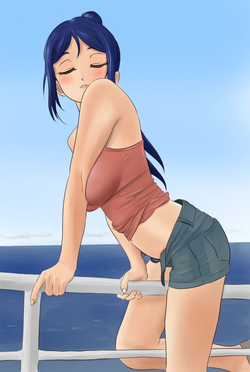 10s 1girl bare_shoulders blue_hair breasts closed_eyes highres large_breasts looking_at_viewer love_live! love_live!_sunshine!! matsuura_kanan midriff navel ocean ponytail pursed_lips railing shirow_(mha03133) short_shorts shorts solo straddling unbuttoned