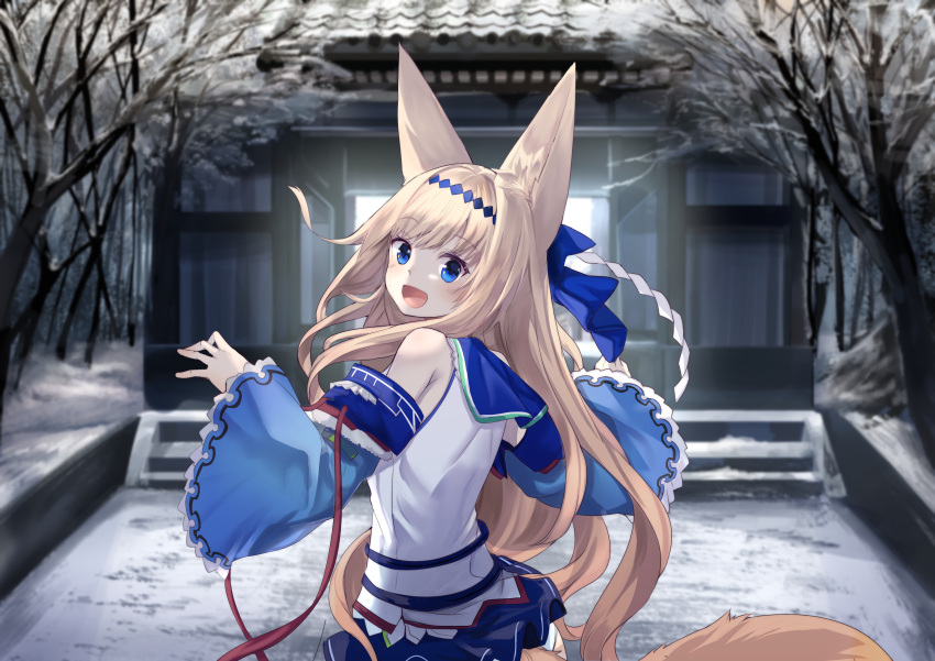 1girl :d absurdres animal_ears bangs blonde_hair blue_eyes blue_skirt blush day detached_sleeves eyebrows_visible_through_hair fox_ears fox_tail from_behind gate haik highres japanese_clothes long_hair looking_at_viewer looking_back miniskirt open_mouth original outdoors sidelocks skirt smile snow solo stairs tail tareme very_long_hair village