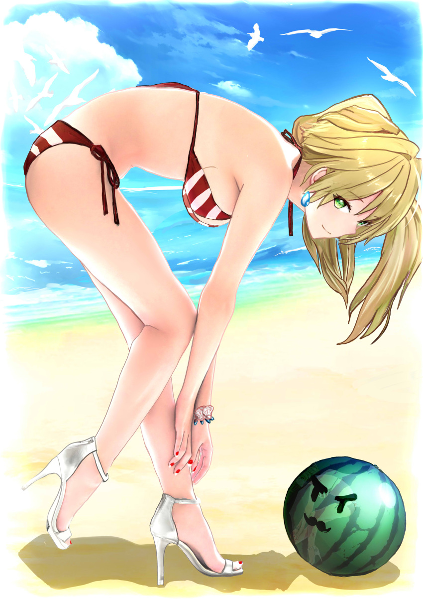 1girl absurdres aruuin beach bent_over bikini bird blonde_hair blue_sky breasts clouds earrings fate/grand_order fate_(series) food from_side fruit full_body green_eyes highres jewelry long_hair looking_at_viewer medium_breasts nail_polish nero_claudius_(swimsuit_caster)_(fate) ocean outdoors red_nails side-tie_bikini sideboob sky smile solo striped striped_bikini swimsuit toenail_polish watermelon