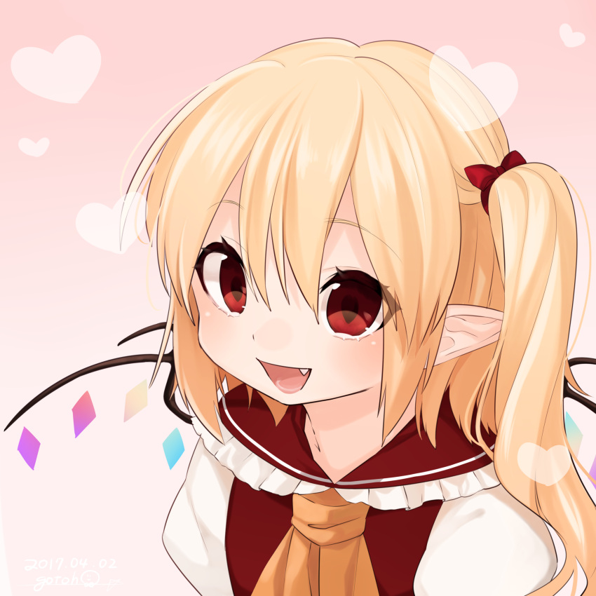1girl ascot blonde_hair commentary_request fang flandre_scarlet gotoh510 gradient gradient_background hair_between_eyes hair_ribbon heart highres long_hair looking_at_viewer one_side_up open_mouth pink_background red_eyes red_ribbon ribbon smile solo touhou upper_body wings