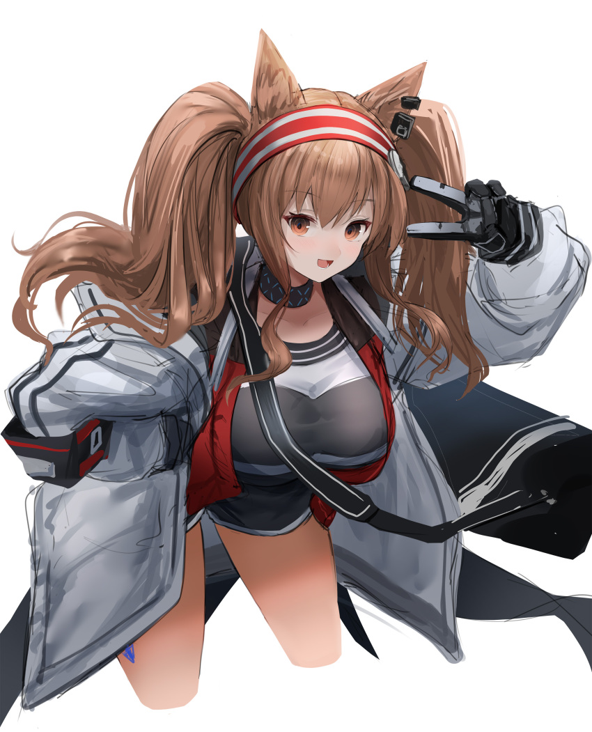 1girl :d absurdres angelina_(arknights) animal_ear_fluff animal_ears arknights bangs black_gloves black_shirt black_shorts breasts brown_eyes brown_hair collarbone commentary_request cropped_legs gloves hair_between_eyes hairband highres jacket large_breasts leaning_forward long_hair long_sleeves open_clothes open_jacket puffy_long_sleeves puffy_sleeves red_hairband shirt short_shorts shorts simple_background sleeves_past_wrists smile solo sthk striped striped_hairband twintails v white_background white_jacket