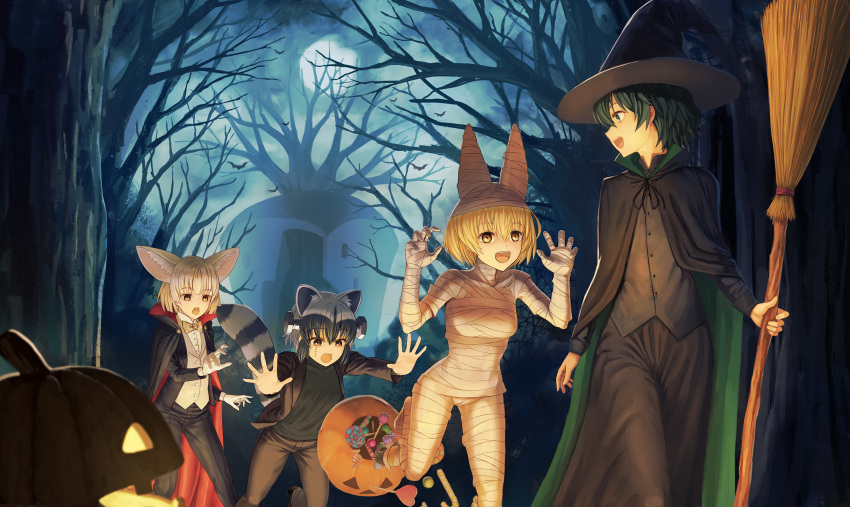 4girls :d alternate_costume animal_ears bandage bandaged_arm bandaged_ear bandaged_head bandaged_leg bandaged_neck bat black_cape black_hair black_robe blonde_hair bolt bow bowtie broom brown_eyes building candy candy_cane cape claw_pose collared_shirt common_raccoon_(kemono_friends) cosplay dracula dracula_(cosplay) fennec_(kemono_friends) food fox_ears frankenstein's_monster frankenstein's_monster_(cosplay) gloves grey_hair hair_between_eyes halloween_costume hat highres holding holding_broom jack-o'-lantern jacket kaban_(kemono_friends) kemono_friends lollipop long_sleeves looking_at_another multiple_girls mummy open_mouth outdoors pants raccoon_ears raccoon_tail robe serval_(kemono_friends) shirt short_hair sion_(9117) smile tail tree white_gloves white_jacket white_shirt witch_hat yellow_eyes