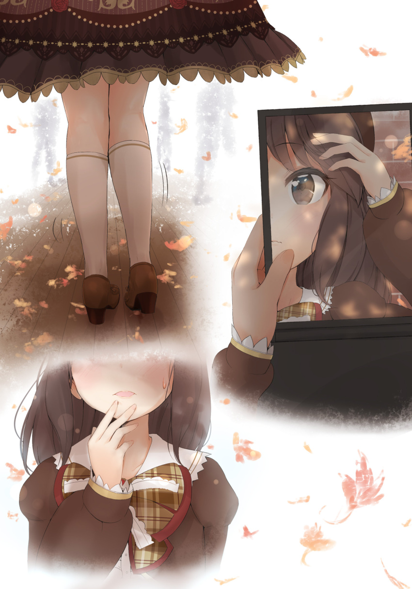 1girl absurdres adjusting_hair autumn_leaves blush bow brown_bow brown_dress brown_eyes brown_footwear brown_hair brown_hat brown_neckwear closed_mouth dress falling_leaves finger_to_mouth from_behind hand_mirror hand_up hat highres holding_mirror idolmaster idolmaster_cinderella_girls kashiwamochi_roko kneehighs long_hair long_sleeves lower_body mirror motion_lines multiple_views plaid plaid_bow plaid_neckwear puffy_long_sleeves puffy_sleeves reflection shoes silhouette standing sweatdrop tachibana_arisu tareme upper_body wavy_mouth white_legwear wooden_floor