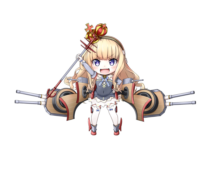 &gt;:d 1girl :d arm_up armpits azur_lane chibi crown detached_sleeves gloves hairband highres holding kuena light_brown_hair long_hair looking_at_viewer machinery mini_crown open_mouth queen_elizabeth_(azur_lane) scepter simple_background smile solo staff thigh-highs turret violet_eyes white_background white_gloves white_legwear zettai_ryouiki