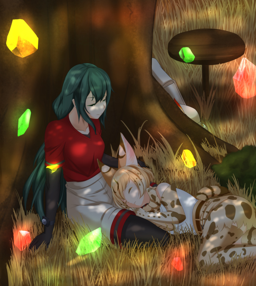 2girls absurdres alternate_hair_length alternate_hairstyle animal_ears backpack backpack_removed bag black_gloves black_legwear blonde_hair closed_eyes collarbone commentary elbow_gloves extra_serval_(kemono_friends) gloves grass green_eyes hand_on_another's_head hat hat_removed headwear_removed high-waist_skirt highres kaban_(kemono_friends) kemono_friends lap_pillow long_hair lucky_beast_(kemono_friends) lying lying_on_lap multiple_girls nuemamoru_eion older on_side outdoors pantyhose pantyhose_under_shorts print_gloves print_legwear print_skirt red_shirt sandstar serval_ears serval_print serval_tail shirt short_hair short_sleeves sitting skirt sleeping sleeveless sleeveless_shirt smile table tail thigh-highs tree tree_shade under_tree very_long_hair white_shirt