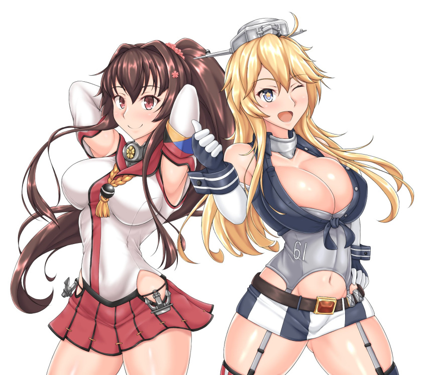 2girls arms_behind_head blonde_hair blue_eyes breasts brown_hair cherry_blossoms cleavage cowboy_shot detached_sleeves elbow_gloves fingerless_gloves front-tie_top garter_straps gloves headgear hiballista highres hip_vent iowa_(kantai_collection) kantai_collection kikumon large_breasts long_hair miniskirt mismatched_legwear multiple_girls navel pleated_skirt ponytail red_eyes red_skirt simple_background single_thighhigh skirt smile star star-shaped_pupils striped striped_legwear symbol-shaped_pupils thigh-highs thumbs_up vertical-striped_legwear vertical_stripes white_background yamato_(kantai_collection)